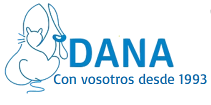 Outline of a cat holding a needle and thread next to the word DANA in blue, with the phrase Con vosotros desde 1993 below, meaning With you since 1993 in Spanish—the perfect logo for tu Inicio en la costura.